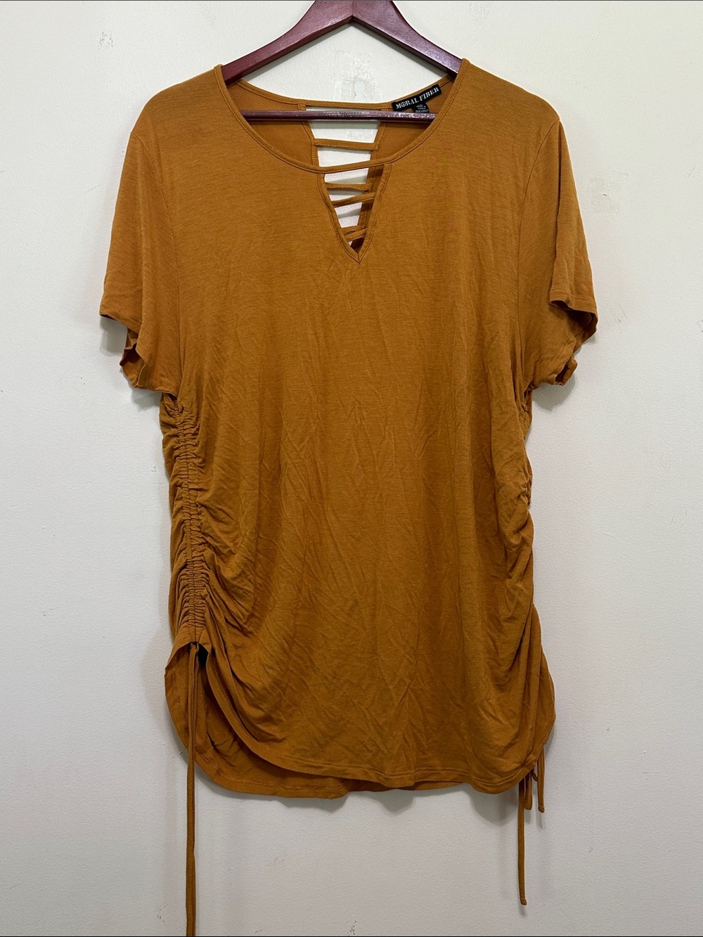Moral Fiber Mustard Short Sleeve Tee with Strappy V-Notch